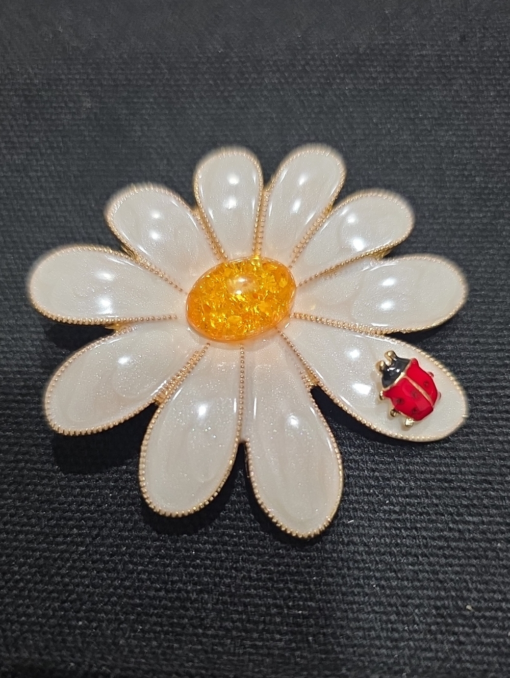Floral Fashion Statement Brooch with Yellow Center and Red Ladybug Accent